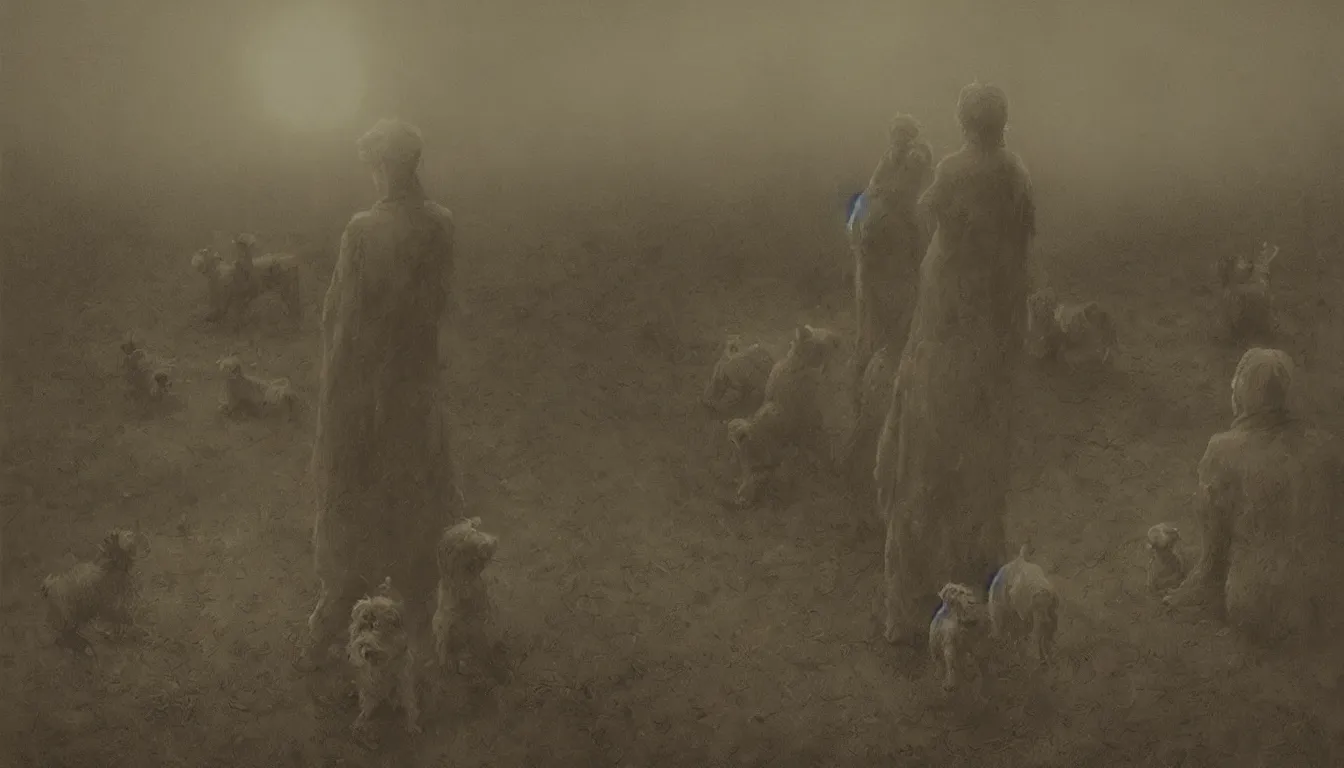 Prompt: view from behind an old lady and her two terrier dogs, sat in a large crowded stadium at night, watching a pop concert, digital art, concept art, trending on artstation, cinematic lighting, giger, beksinski, barlowe