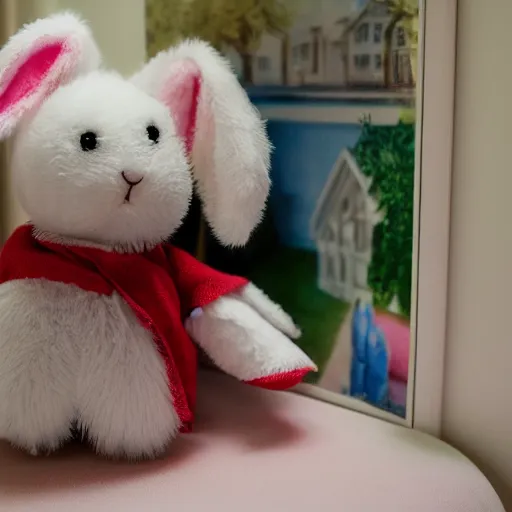 Image similar to flopsy the stuffed bunny comes to life in a 9 year old girls bedroom, photo realistic, fluffy, cute, adorable