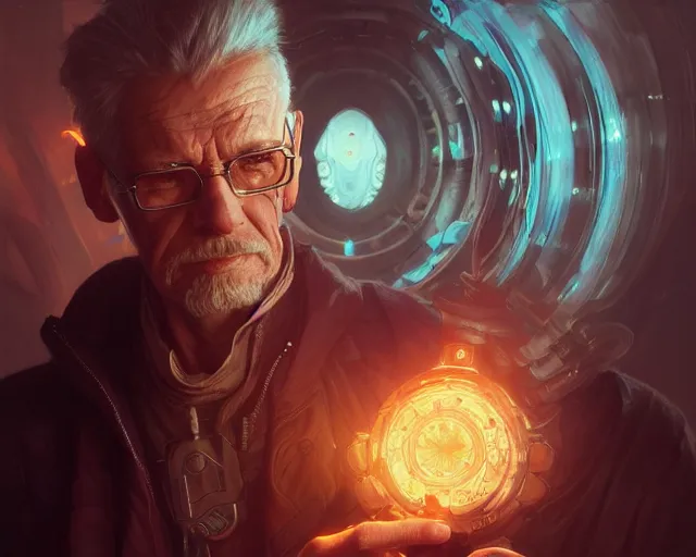 Image similar to oldman with cyberpunk implants, deep focus, d & d, fantasy, intricate, elegant, highly detailed, digital painting, artstation, concept art, matte, sharp focus, illustration, hearthstone, art by artgerm and greg rutkowski and alphonse mucha