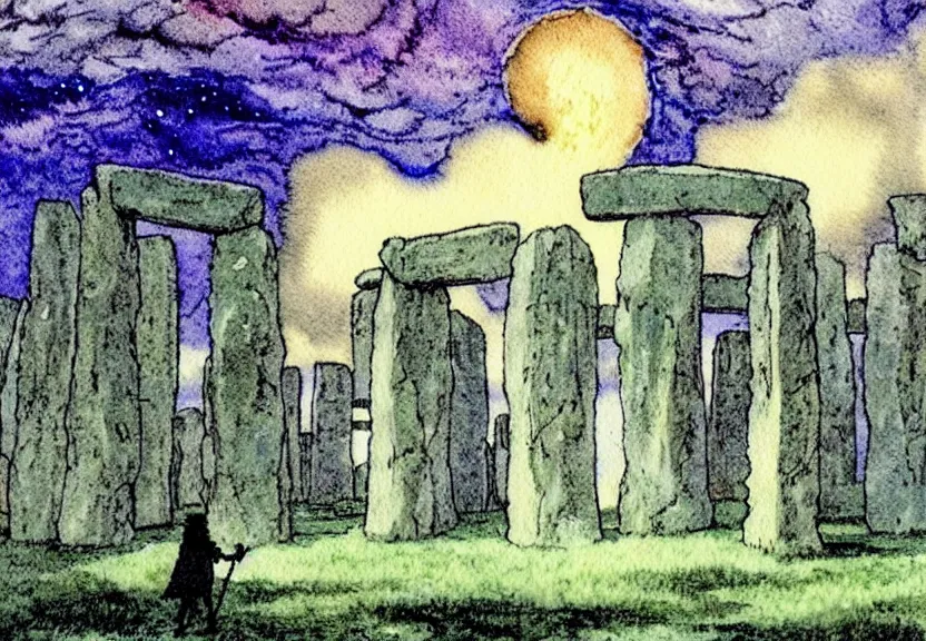 Image similar to a simple watercolor studio ghibli movie still fantasy concept art of a giant druid standing in stonehenge in the ocean. it is a misty starry night. by rebecca guay, michael kaluta, charles vess