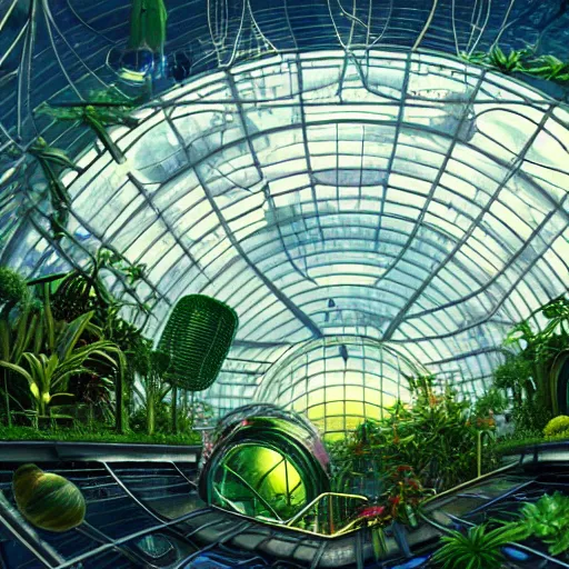 Prompt: a cinematic view of a space habitat colony, large indoor greenhouse with exotic plants, retrofuturism, scifi art, oil on canvas, biodome, stars in the sky above, details, hyper - detailed, hd, hdr, 4 k, 8 k