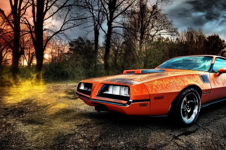 Image similar to pontiac firebird with grafitti tag on side, sunrise, dramatic, cinematic, forest, sunbeams, volumetric lighting, wide shot, low angle