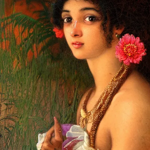 Image similar to detailed potrait 8 0 s srilankan girl with tatoos in baroque painting, girl graceful,, painting by gaston bussiere, craig mullins, j. c. leyendecker, lights, art by ernst haeckel, john william godward, hammershøi,,