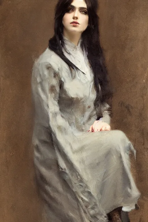 Prompt: Richard Schmid and Jeremy Lipking full length portrait painting of a young beautiful victorian goth detective woman with her hands in her pockets