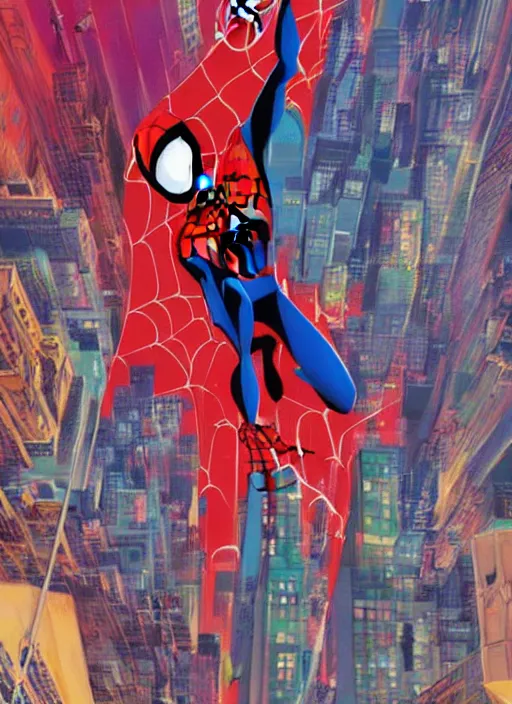 Image similar to spider - man into the spider - verse ( 2 0 1 8 ), anime key visual concept art of, spider woman standing on a balcony in new york city, golden rays, by alberto mielgo, 6 0's french movie poster, french impressionism, vivid colors, palette knife and brush strokes, fish eye lens, anaglyph