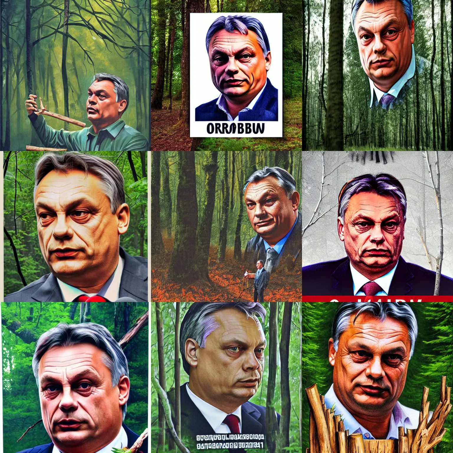 Prompt: poster of viktor orban in a forest, highly detailed face, holding a wood piece, sovietwave