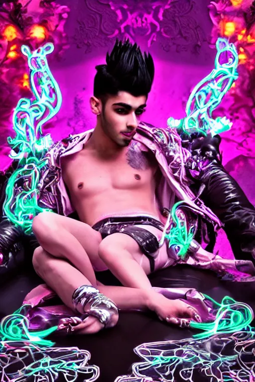 Prompt: full-body rococo and cyberpunk style neon statue of a young attractive Zayn Malik macho dotado prendido e rico android sim roupa reclining con las piernas abertas e la piroca dura, aroused, ethereal white dripping tar, glowing orange lasers, pink tigers, glowing eyes, silver prince crown, black gears, pink diamonds, swirling mint-colored silk fabric. futuristic elements. full-length view. human skulls. large intricate artwork by caravaggio. Trending on artstation, octane render, cinematic lighting from the right, hyper realism, octane render, 8k, depth of field, 3D