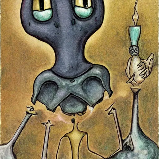 Prompt: squidward as a dark souls boss by Leonora Carrington