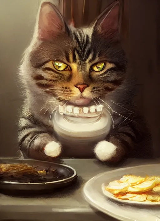 Image similar to a whimsical portrait of a cat stealing food ; by greg rutkowski, sung choi, mitchell mohrhauser, maciej kuciara, johnson ting, maxim verehin, peter konig, final fantasy, marco lense, hd, high detail, atmospheric, trending on artstation