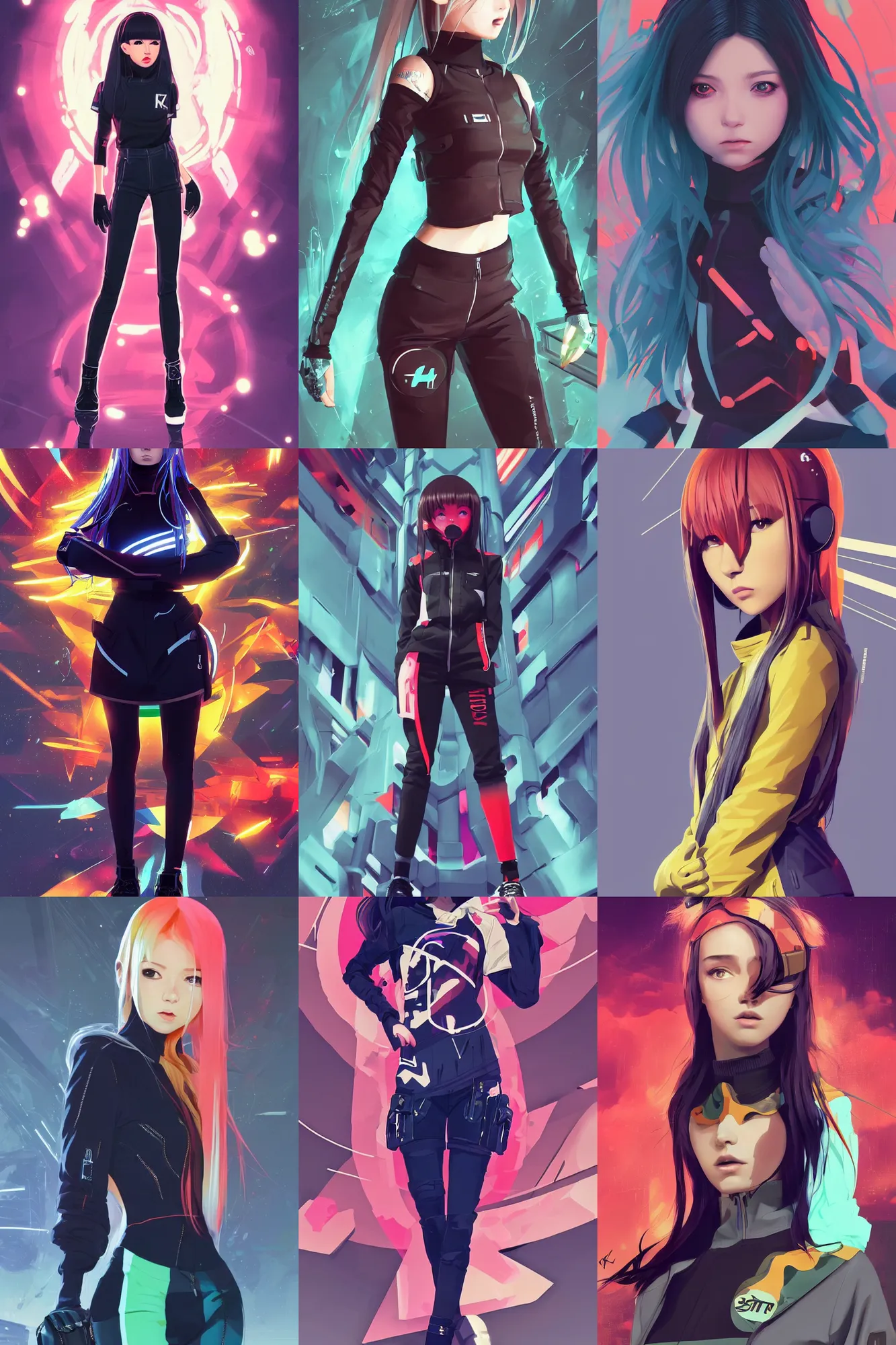 Prompt: uncropped full body character portrait poster girl with futuristic streetwear and crossed arms, long straight hair, complementary colour palette, cute face, pretty face, anime by kuvshinov ilya, artgerm and greg rutkowski, 4 k, hdr, graphic design, adobe illustrator, behance, trending on artstation