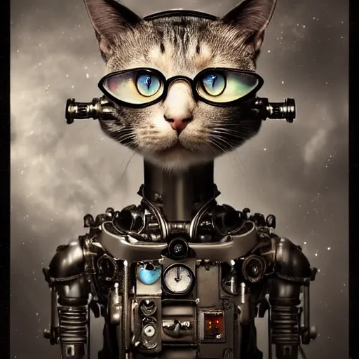 Image similar to a beautiful intricate fine art portrait photo of a a mechanical industrial steampunk cybernetic cute cat with large eyes against galactic space, soft backlight, by tom bagshaw and zach sutton, perfection!, milk bath photography, studio lighting, 5 0 mm lens, very detailed, bionic, cybernetic scifi, deep depth of field, artstation, 8 k, highly coherent