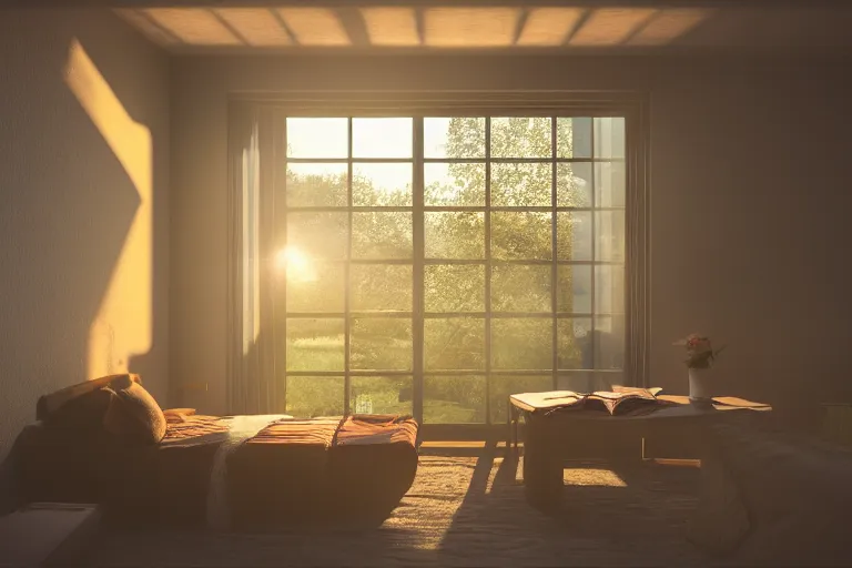 Image similar to rays of the morning sun shining through the window of the village house. very beautiful, clear sky, warm shiny colors, octane render