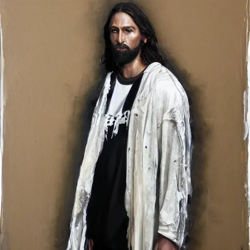 Image similar to a full body lookbook portrait of modern - day jesus wearing cream yeezy and fear of god menswear collection by nicola samori, detailed, oil painting, hyper - realistic, 8 k, yeezy collection