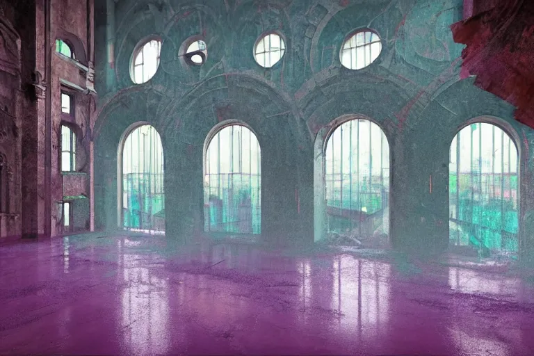 Image similar to abandoned 9 0 s monastery interior with large organic circular windows, rain like a dream, oil painting, cinematic, dramatic, volumetric lighting, cyberpunk, basquiat + francis bacon + gustav klimt + beeple, elevated street art, fantasy lut, textural, pink, blue, purple, green,