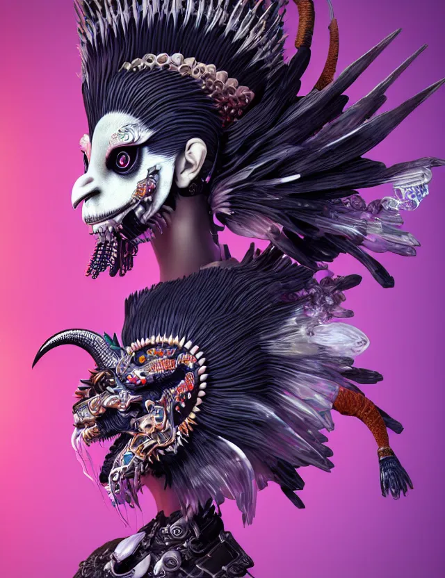 Image similar to 3 d goddess close - up profile portrait punk with mohawk with ram skull. beautiful intricately detailed japanese crow kitsune mask and clasical japanese kimono. betta fish, jellyfish phoenix, bio luminescent, plasma, ice, water, wind, creature, artwork by tooth wu and wlop and beeple and greg rutkowski