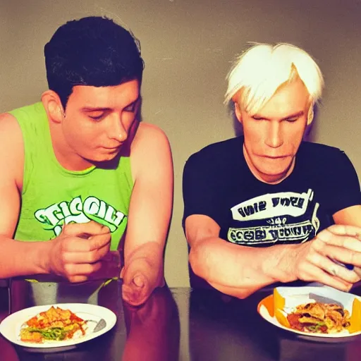 Prompt: two guys eating tacos in tank tops, andy warhol style photograph