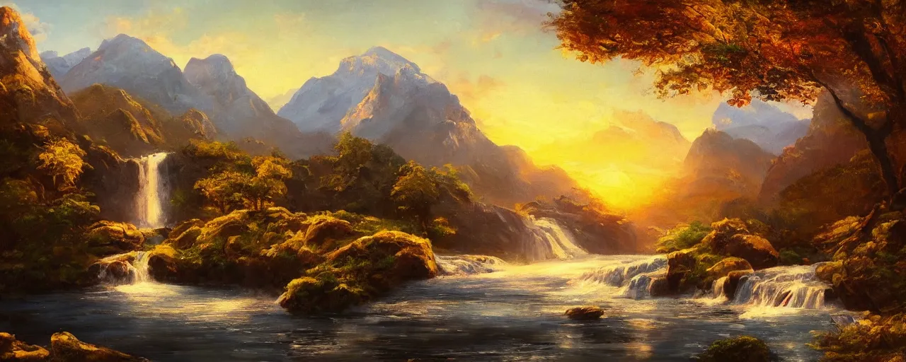 Image similar to a serene landscape with mountains and waterfall, oil painting, light brush strokes, cinematic light, sunset, intricate details, dynamic