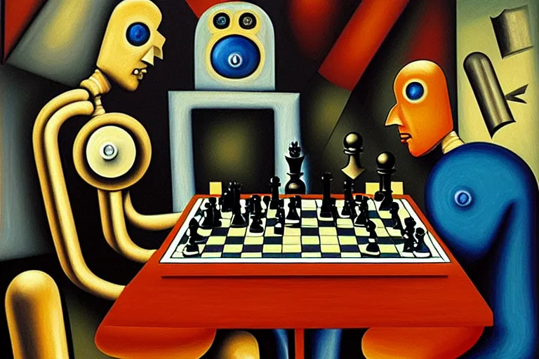Prompt: portrait of two robots playing chess, highly detailed, painting by otto dix, 8 k
