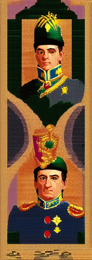 Image similar to portrait of imperator wearing a french hat and ceremonial uniform in a haughty pose, head pointing up diagonally, pixel art, colors accent, symmetric