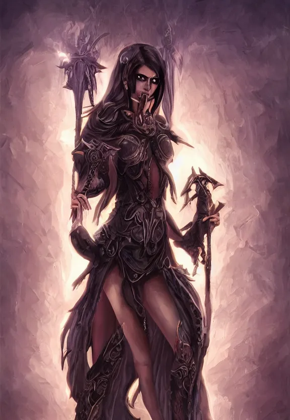 Image similar to dark elf girl oil painting, symmetrical, short dress, glowing eyes, intricate details, full body, detailed face, ultradetailed, 8 k, epic atmosphere, digital art by simon cowell and moebius