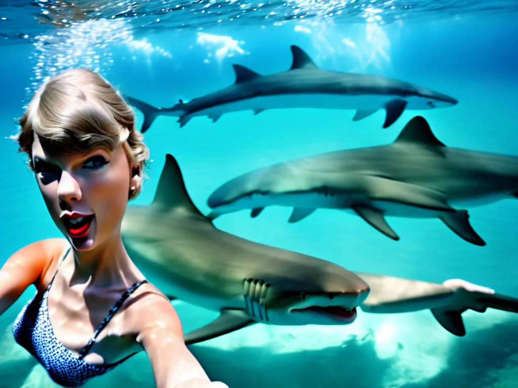 Image similar to taylor swift swimming with sharks in the sea 4 k photograph