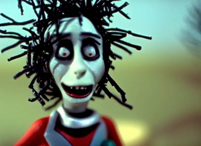 Image similar to cinematic screenshot cinestill portrait of a stop motion claymation film, edward scissorhands, in focus, shallow depth of field, 1 8 mm, f 1. 8, sharp details