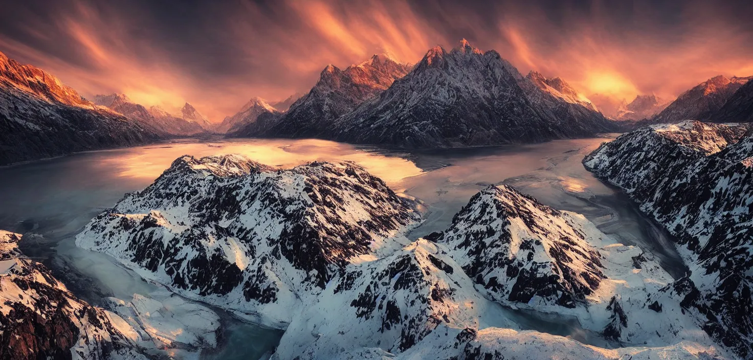 Image similar to amazing landscape photo of snowy mountains with river in sunset by max rive, beautiful dramatic lighting