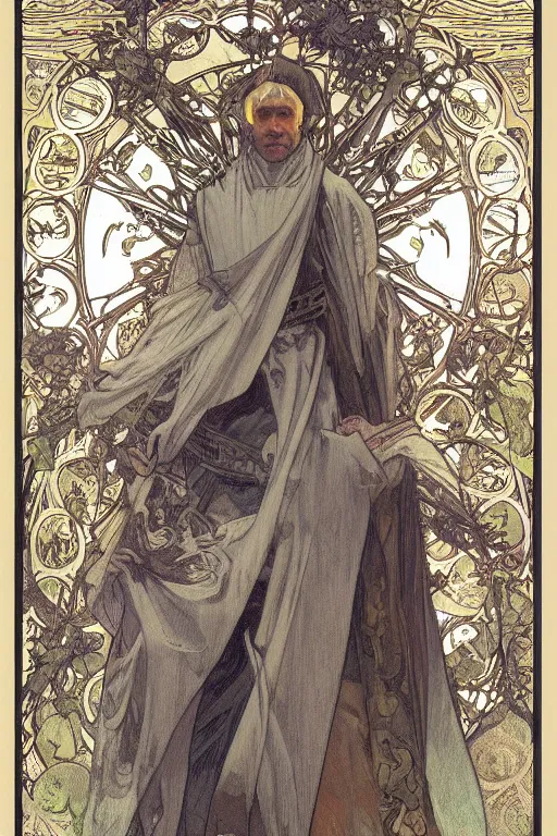 Image similar to tarot card, half - body, the devil, demon male, light robes, beautiful, medieval, super detailed, ornate, by alphonse mucha, stjepan sejic, greg rutkowski, symmetry, 8 k, sharp focus