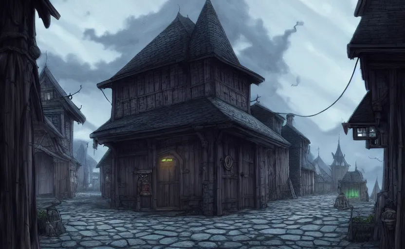 Image similar to beautifully drawn concept art of an old medieval mystic town : : art by hayao miyazaki and studio ghibli : : dramatic mood, overcast mood, dark fantasy environment : : trending on artstation, unreal engine, digital art