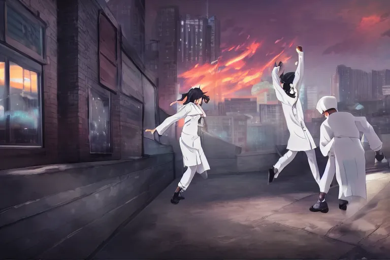 Image similar to a cute young female ninja nurse wearing white coat is attacking an old custodian on a harlem rooftop, lighting, anime scenery by Makoto shinkai