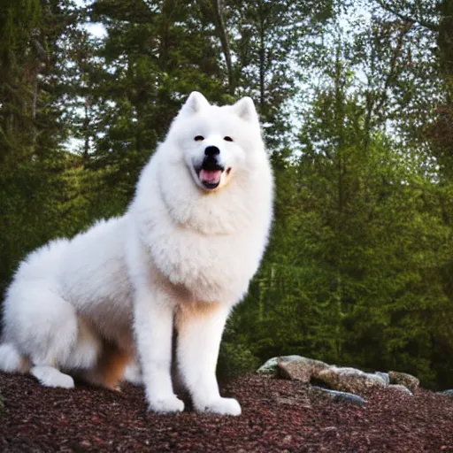 Image similar to samoyed camping, cinematic lighting,