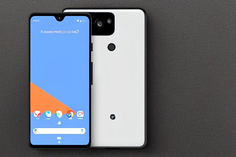 Image similar to a front and back render of the pixel 4XL but it has a full front screen with no bezels and 5 cameras on the back