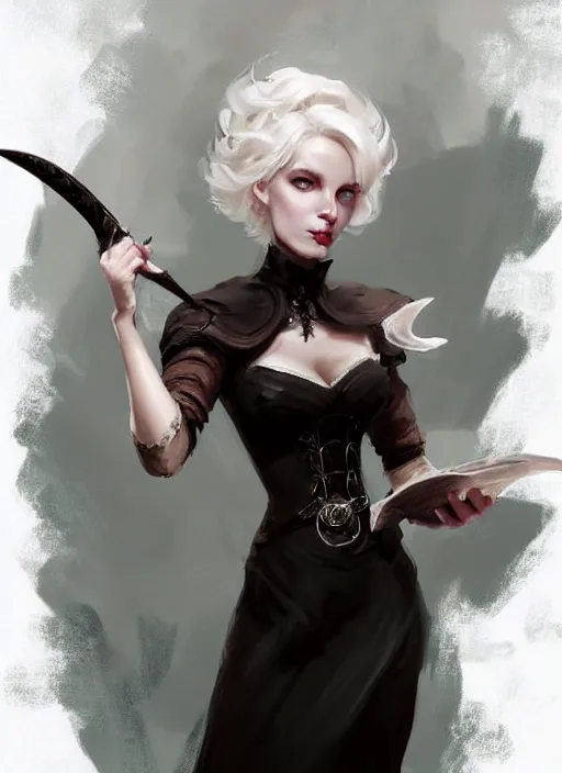 Image similar to dnd character concept art by craig mullins and tom bagshaw of full body!! illustration of a beautiful platinum blonde victorian maid. beautiful slender face, playful updo, big blue eyes, fine pointy chin, slender nose, high cheek bones, soft lips. maid in a black dress with white apron. lace, embroidery, leather, studs.