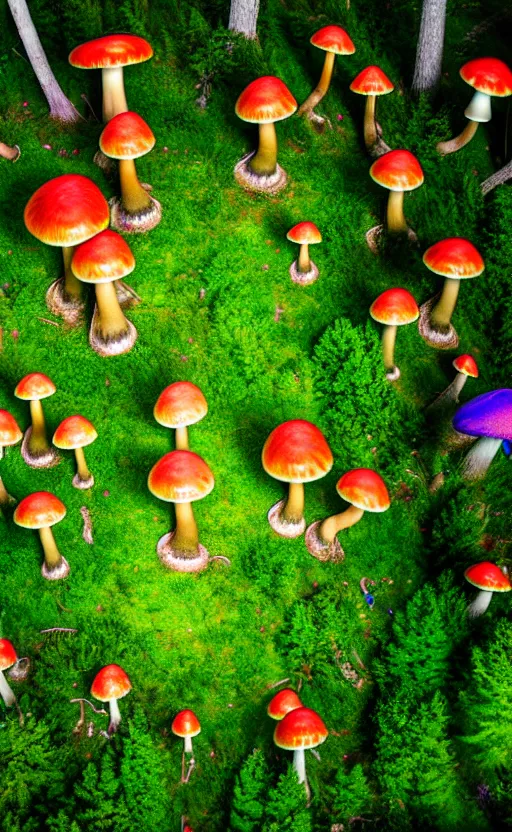 Image similar to looking down at trippy enchanged forest with large psychedelic mushrooms