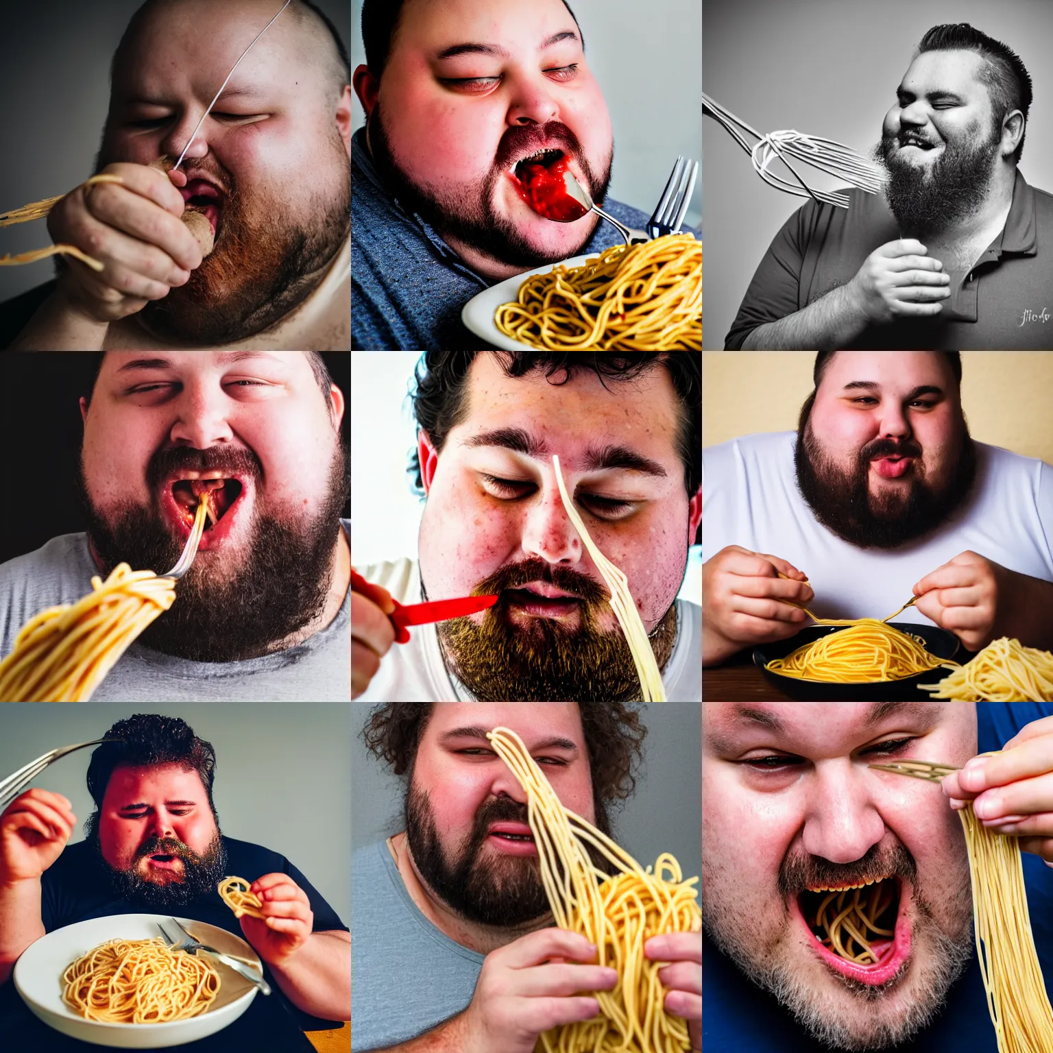 Prompt: portrait photo of fat man eating spaghetti with a fork, spaghetti hanging from fork, slurping spaghetti, sauce splatter, beard stubs, dirty chin, extreme closeup, finely detailed 5 0 mm nikon photo