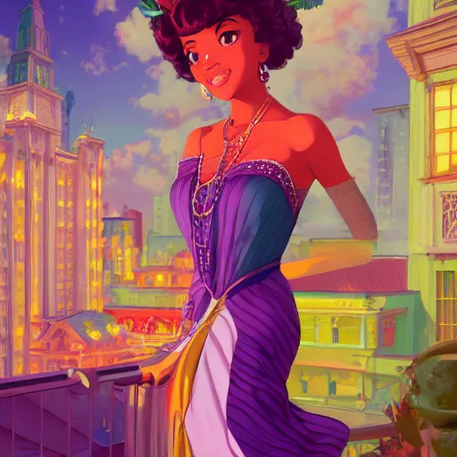 Prompt: portrait of princess tiana, 1920's new orleans background, rich vivid colors, ambient lighting, dynamic lighting, 4k, official media, anime key visual, makoto shinkai, ilya kuvshinov, lois van baarle, rossdraws, detailed, trending on artstation