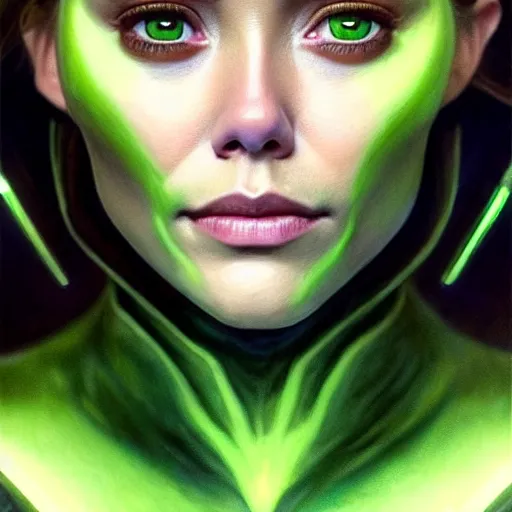 Image similar to portrait painting of elizabeth olsen with green skin and pointy ears wearing sci - fi clothes as a skrull, ultra realistic, concept art, intricate details, eerie, highly detailed, photorealistic, octane render, 8 k, unreal engine. art by artgerm and greg rutkowski and charlie bowater and magali villeneuve and alphonse mucha