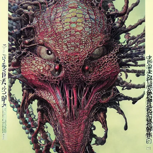 Image similar to hyper realistic portrait of a non - human predatory alien. an award winning yoshitaka amano digital art poster, by james gurney and gerhard richter. art by takato yamamoto. masterpiece, rich colours.