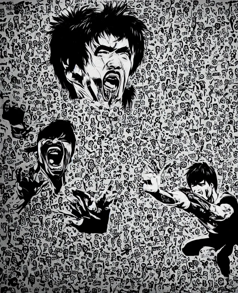 Prompt: a portrait of bruce lee screaming by mcbess, drawn with black and yellow permanent marker