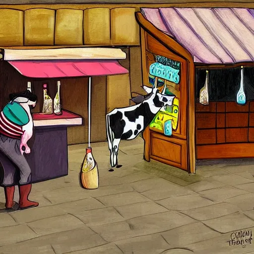 Prompt: a cow steals wine from a market stall. one of the bottles breaks spilling its contents on the street. a guard is going after the cow, digital art