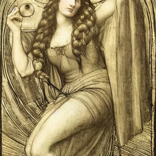 Prompt: half - length portrait of beautiful witch circe with curly hair, gathered in long braids, while she puts the poison in a cup, in the odyssey, art by giotto, leonardo da vinci, moebius, julia margaret cameron