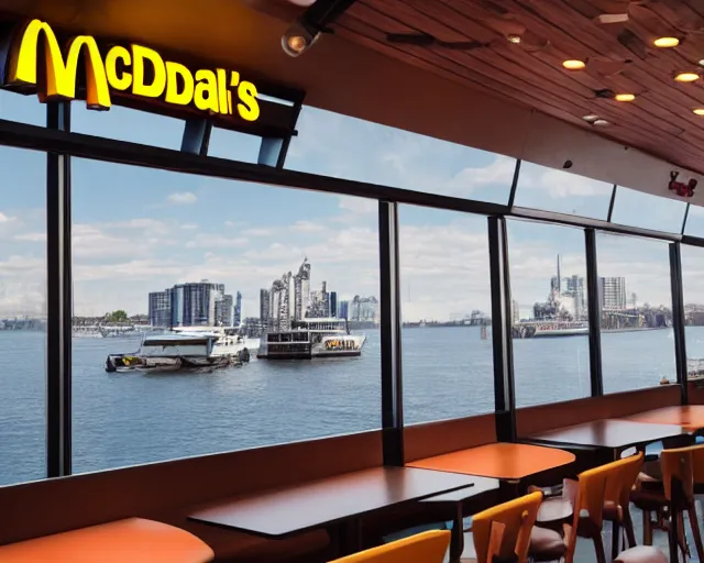 Prompt: [ mcdonalds restaurant ] on top of [ a boat ], 4 k photorealistic! photography, trending on [ unsplash ], intricate, wide - angle shot, broad angle, cinematic