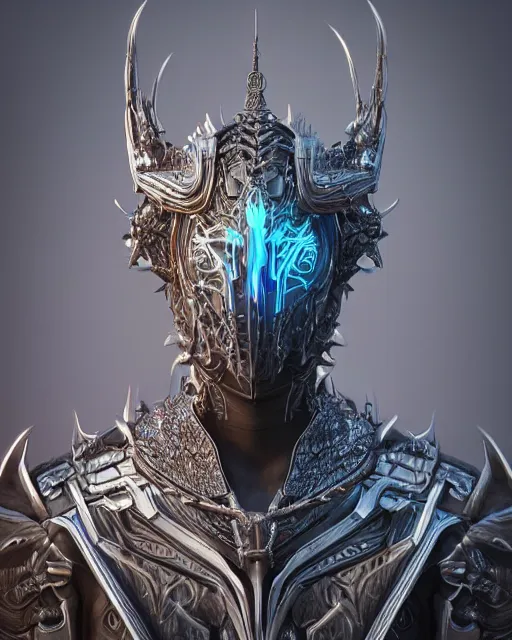 Image similar to a futuristic 3 d render portrait of ankou the evil lord wearing ornate armor made of highly detailed metal, surrealism, smooth, intricate, sinister, evil energy, death aura aura, neon glowing spells, matte painting, artstation, concept art, dark fantasy sci fi, sharp focus, cgsociety