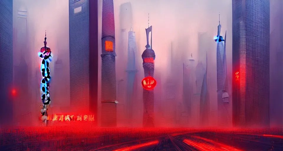 Prompt: shanghai!!, distopian, smog, tall buildings, chinese titles, red lights, highly detailed picture, by marc simonetti