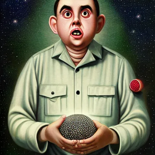Prompt: a cute gomer pyle holds the universe in his hand, an ultrafine detailed painting by mark ryden, trending on deviantart, pop surrealism, whimsical, lowbrow, grotesque