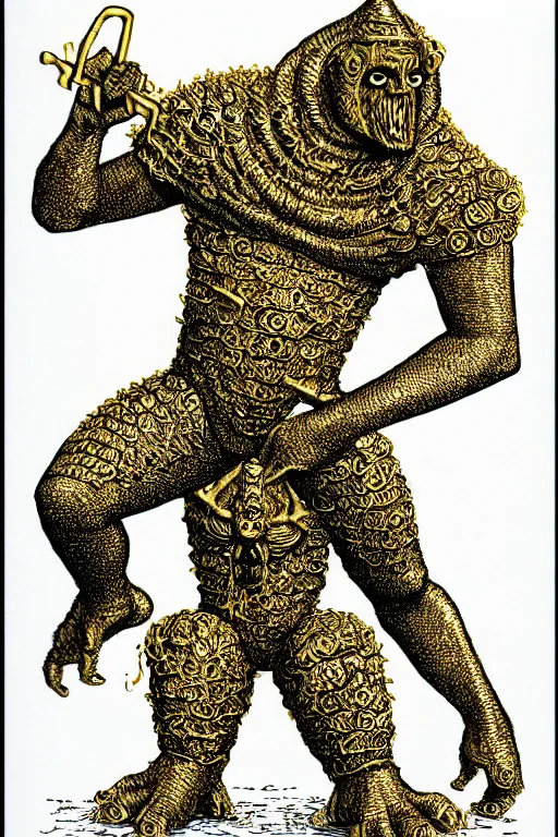 Image similar to beyonce, gold golem, as a d & d monster, full body, pen - and - ink illustration, etching, by russ nicholson, david a trampier, larry elmore, 1 9 8 1, hq scan, intricate details, inside stylized border