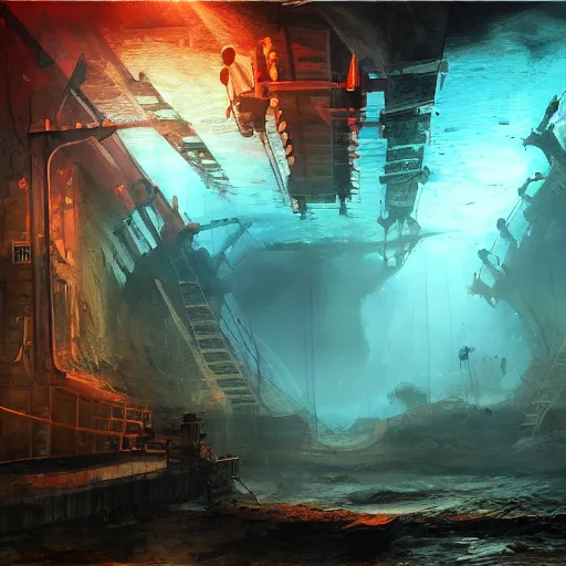 Image similar to underwater mining station, dark, sinister, brush strokes, heavy paint, gradients, highly detailed, cinematic matte painting, concept art, smooth, sharp focus