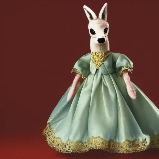 Image similar to a saturated view of a toy fox wearing a beautiful dress, highly detailed, exquisite, fabulous