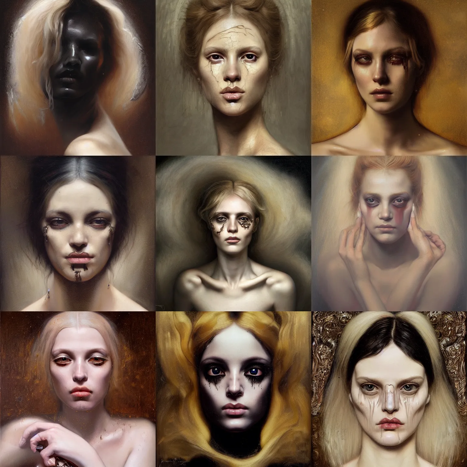Prompt: portrait of blonde girl crying black tears, by alexander mcqueen, by roberto ferri, by tom bagshaw, by j. c. leyendecker and klimt, by austin osman spare, highly detailed oil painting, very intricate, cinematic lighting, award - winning, american romanticism, artstation, cgsociety, official art, octane