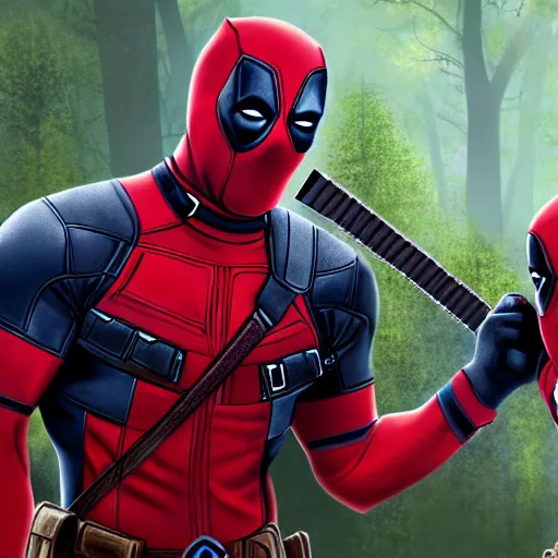 Image similar to deadpool and rocket raccoon in the woods digital art 4 k detailed